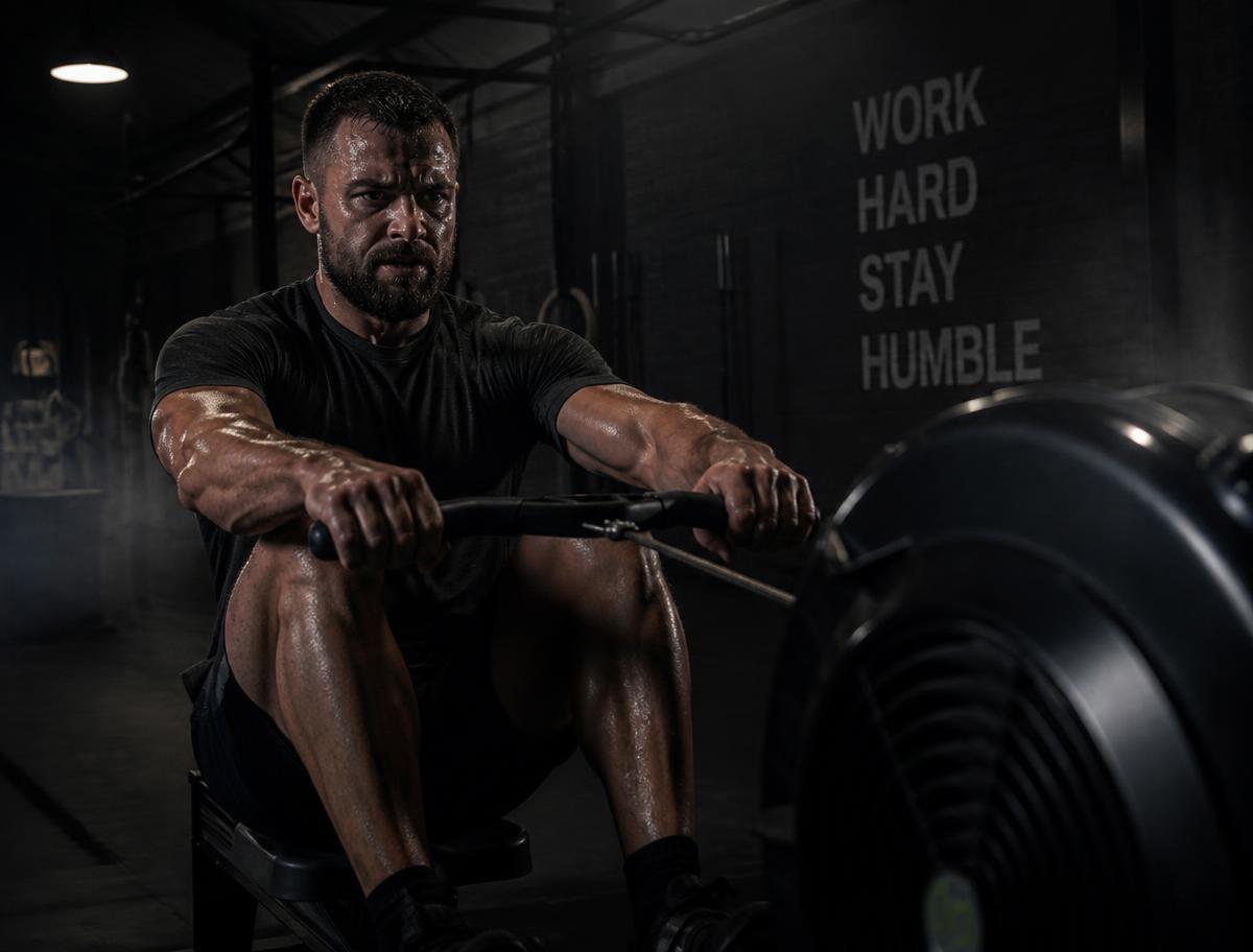 Member training on a rowing machine during a conditioning session